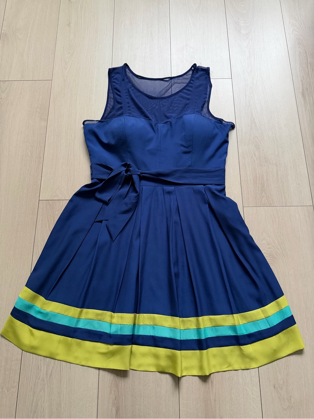 Guess Navy Mini Dress with Yellow and Teal Hem Stripes